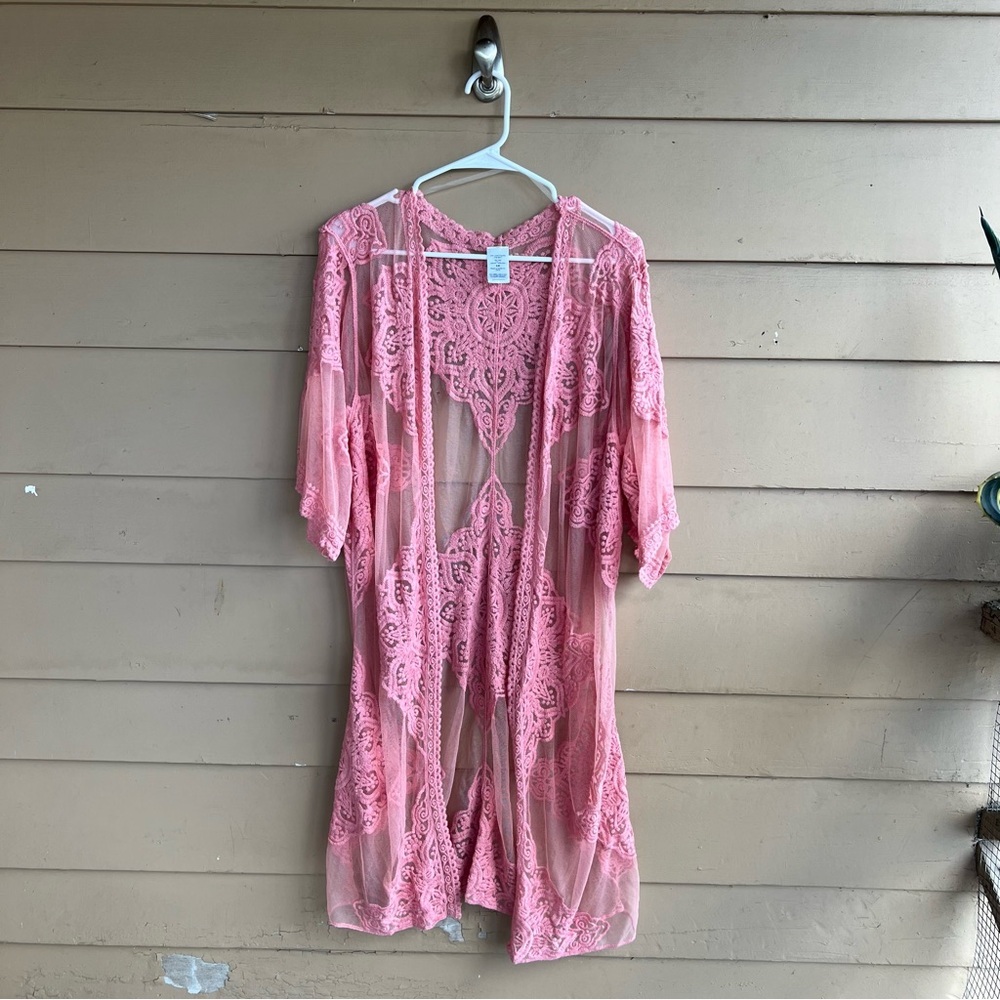 Yarn Embroidered Lightweight Cotton Summer Kimono Beach Coverup - Size S /M